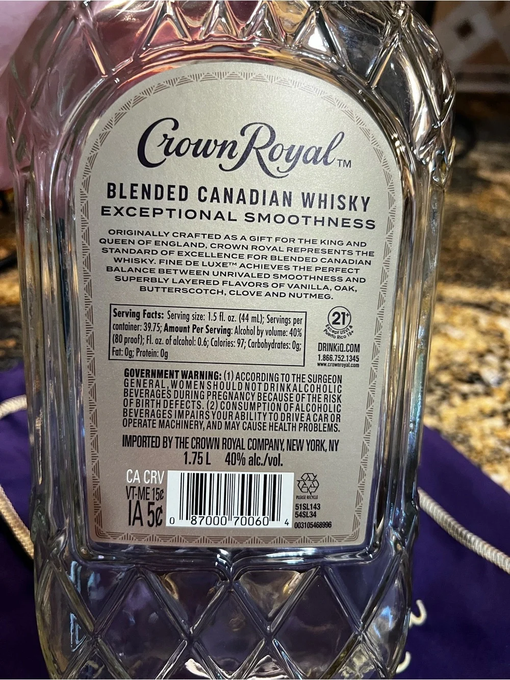 Crown Royal 1.75L Bottle & Purple Velvet Crown Royal Bag